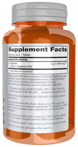 NOW Double Strength Arginine 1000 mg, 180 таблеток